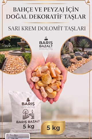 Doğal Premium Sarı Krem Dolomit Taşı 5 Kg 1-2 Cm Yuvarlak Dekoratif Bahçe Taşı