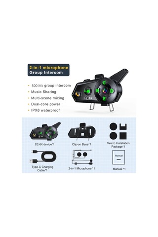 500 Mt Intercom 6 Eşleşmeli Müzik Paylaşımlı Kask Kulaklık D-2pr 6x Su Geçirmez Motosiklet Intercom