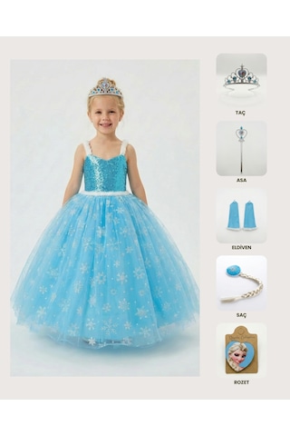 Butikhappykids Frozen Elsa Kostümü Askılı Kız Çocuk Prenses Elbisesi Taç Asa Eldiven Saç Rozet Hediyeli Mavi