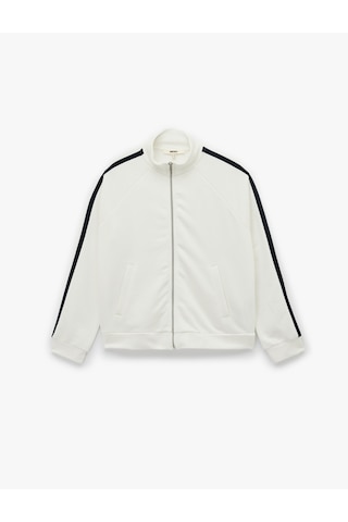 Koton Üç İplik Şerit Detaylı Uzun Kollu Dik Yaka Fermuarlı Sweatshirt Beyaz 6wak10054ek Beyaz