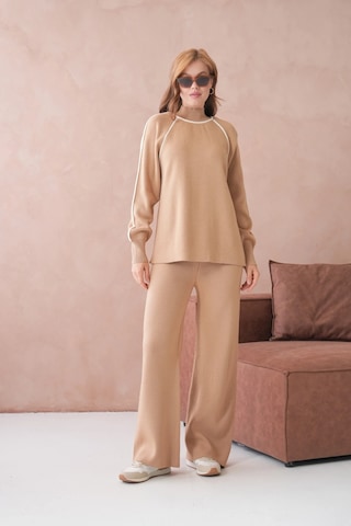 Kadın Dik Yaka Kazak Pantolon İkili Triko Takım Açık Camel