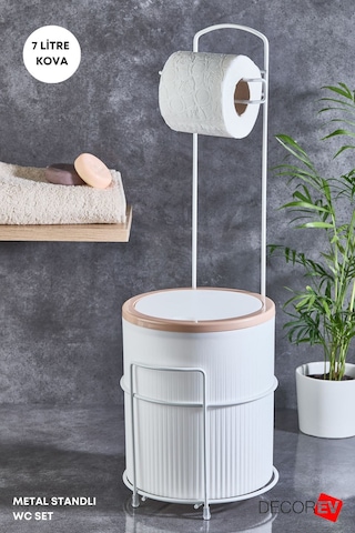 Decorev 7 Litre Banyo Mutfak Çöp Kovası Metal Standlı Tuvalet Wc Kağıtlık Seti Beyaz