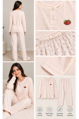 Kadın Pamuklu Çiçek Baskılı/desenli Uzun Kollu Pijama Takımı Çok Renkli - Pembe