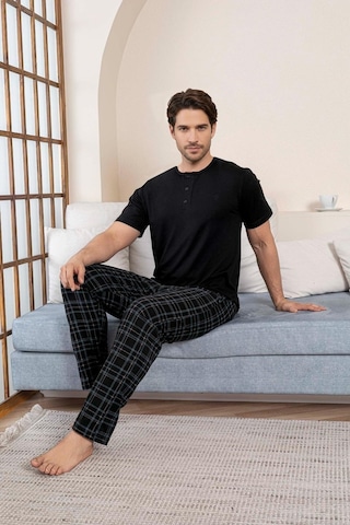 Guava Erkek Modal 3 Düğmeli Ekose Desen Pamuk Likra Kısa Kol Cepli Pijama Takımı Siyah