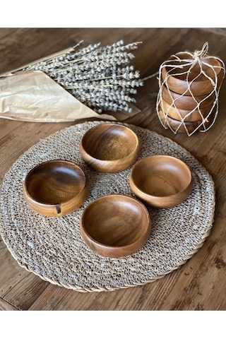 4'lü Yuvarlak Akasya Çerezlik Sunumluk Seti 10cm Aks-113 Ahşap