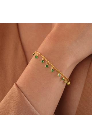 Queen Silver Jewelry 925 Ayar Gümüş Ful Sallantılı Yeşil Renk Geçişli Bileklik Altın