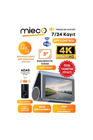 Mieco X8 Wifi /4K UHD/ 170° Ultra Geniş Açı/ ADAS/ Ön + Arka Araç Kamerası