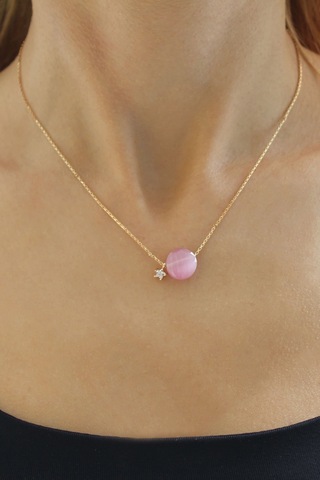 Pembe Doğal Taş Bonibon Kolye Gold