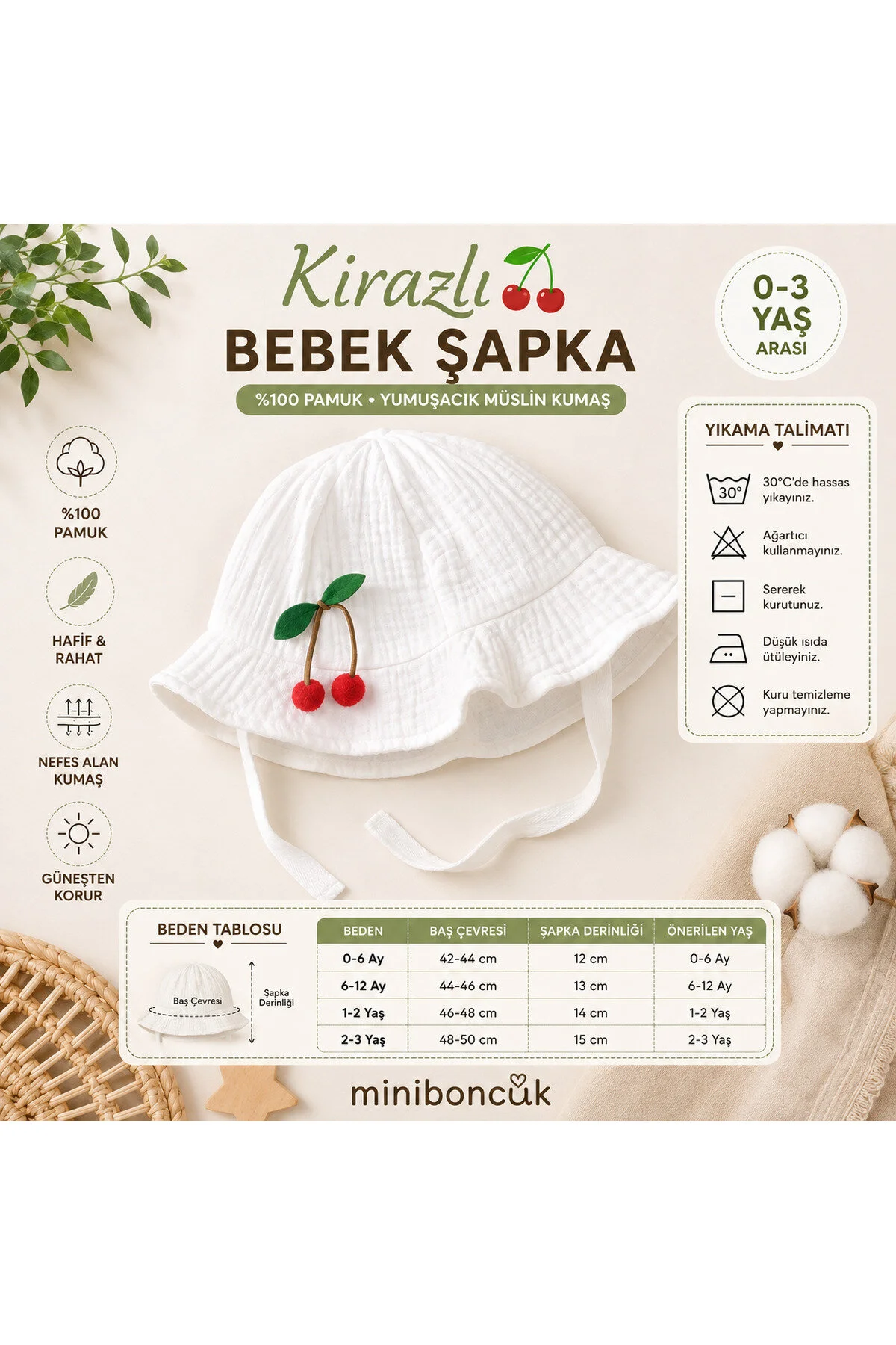 Mini Boncuk Cherry Baby %100 Pamuk Müslin Şapka Beyaz
