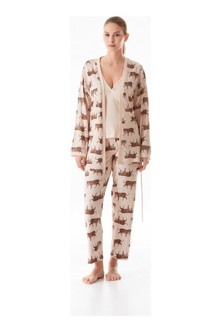 Fullamoda Kaplan Desenli V Yaka 3 Lü Pijama Takımı 24mıcg631216523-bej Bej