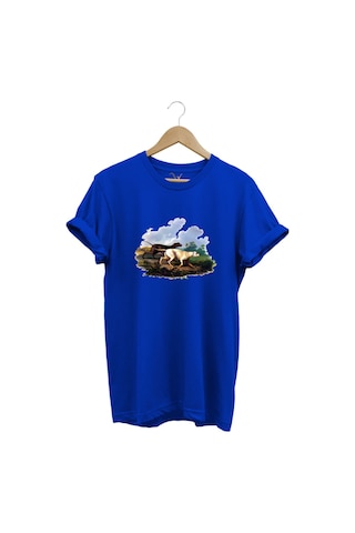Hunting Avcılık Av Köpekleri Ve Orman Baskılı Doğa Vahşi Yaşam %100 Pamuk Regular Fit Mavi T-shirt Mavi