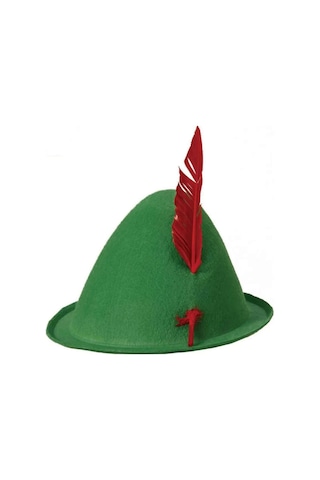 Nessiworld Yeşil Renk Kırmızı Tüylü Peter Pan Şapkası Robin Hood Şapkası 24x23 Cm