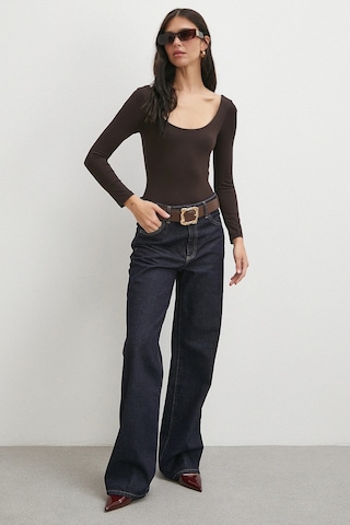 Never More U Yaka Uzun Kollu Çıtçıtlı Bodysuit Kahve Kahve