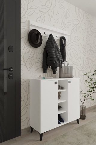 Albena 2 Kapaklı Ayakkabılık, Vestiyer, Portmanto, Askılık, 90 Cm, Beyaz Beyaz