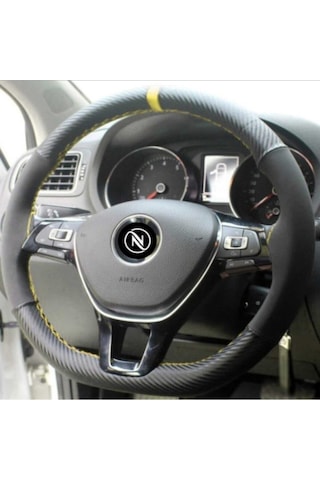 Oto Direksiyon Kılıfı Karbon Alkantra Yüzüklü Model Sarı Dikişli