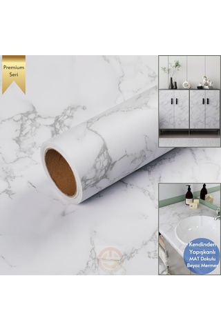 Technosmart 60x100cm Mat Mermer Desenli Kendinden Yapışkanlı Duvar Kağıdı Kaplama Mutfak Masa Folyo Beyaz