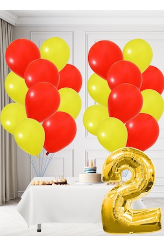 2 Yaş Sarı Kırmızı Taraftar Temalı Doğum Günü Seti Sarı Kırmızı Balonlar Altın Folyo Rakam Sarı