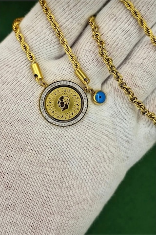 Kadın Çelik Gold 316l Kuyumcu Model Çeyrek Altınlı Burgu Taşlı Nazar Boncuklu Kolye Gold