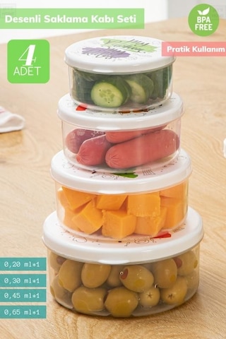 4 Lü Desenli Saklabı Kabı Seti Erzak Kabı Buzdolabı Kabı Yuvarlak Bpa Free Şeffaf