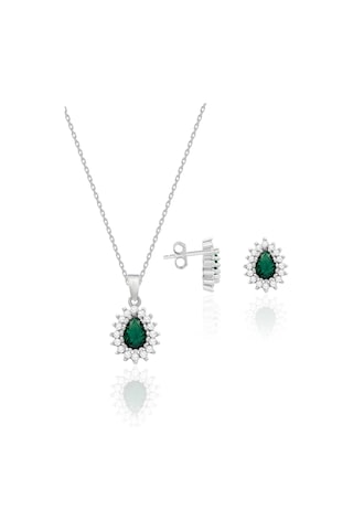 Kadın Gümüş Set Zümrüt Taşlı Kolye Küpe İkili Set 925 Ayar St119 Gümüş
