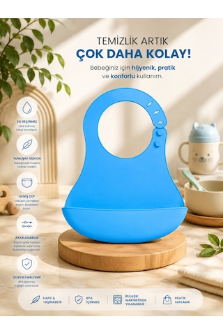 Silikon Mama Önlüğü Su Geçirmez Ayarlanabilir Bebek Önlüğü Bpa İçermeyen Geniş Cepli Beslenme Önlüğü Mavi