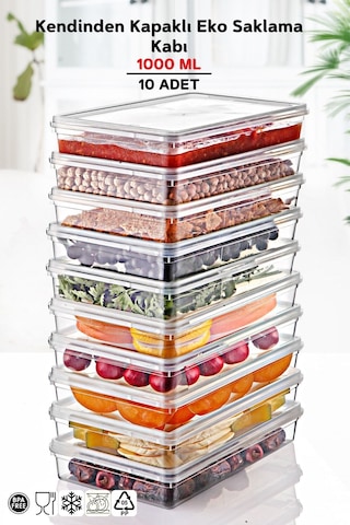 Nandy Home Kendinden Kapaklı Derin Dondurucuya Uygun Saklama Kabı 10 Adet 1 L Beyaz