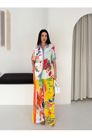 Asprin Fashion Yaz Baskılı Gömlek Pantolon Takım Turuncu