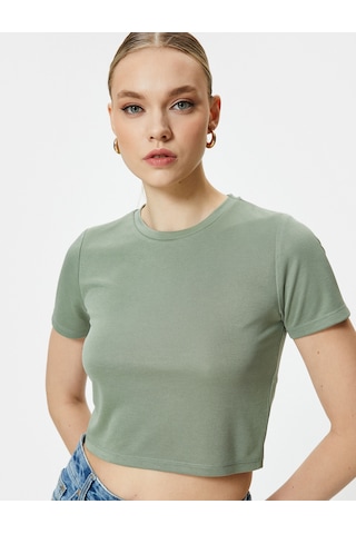Koton Crop Tişört Kısa Kollu Bisiklet Yaka Modal Karışımlı Ada Çayı 4sak50259ek Açık Yeşil