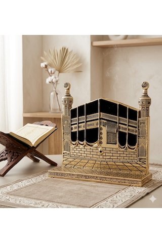 Allah & Muhammed S.a.v Kabe Kapısı Figürlü Özel Tasarım Gold Renkli Masa Üstü Biblo 25 Cm
