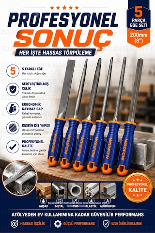 5 Parça Profesyonel Eğe Seti 200 Mm 8" Ergonomik Kaymaz Saplı Sertleştirilmiş Çelik Ahşap Metal Pl