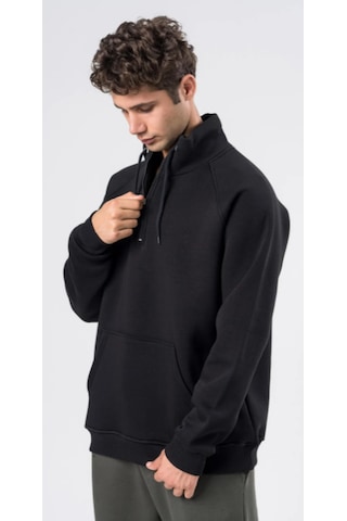 Coal City Erkek Relaxed Fit Reglan Yarım Fermuarlı Kanguru Cepli Siyah Sweatshirt