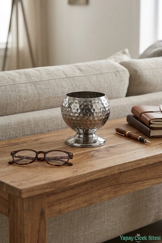 Yapay Çiçek Sitesi Metal Dekoratif Darbeli Küre Saksı 12 Cm Gümüş