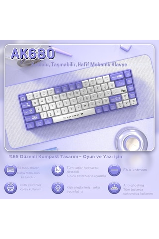 Ak680 65% Kablolu Hotswap Mekanik Oyun Klavyesi,68 Tuşlu Taşınabilir Anti-ghosting Klavye,gökkuşağı Arkadan Aydı