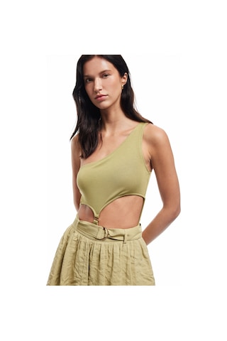Koton Slim Fit Pencere Detaylı Tek Omuz Bodysuit Haki 5sak10031pk