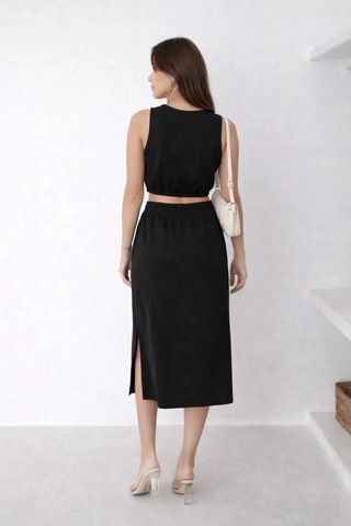 Kadın Crop, Yırtmaçlı Midi Etek İkili Takım 2xl/3xl Siyah