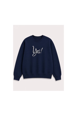 Herkesemoda Yes Yazılı Baskı Detaylı Şardonlu 2 İplik Bisiklet Yaka Sweatshirt Lacivert