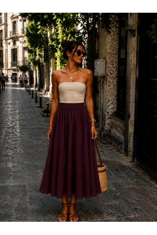 Eren Style İtalyan Beli Lastikli Kloş Etek Mürdüm Eren Style İtalyan Beli Lastikli Kloş Etek Mürdüm