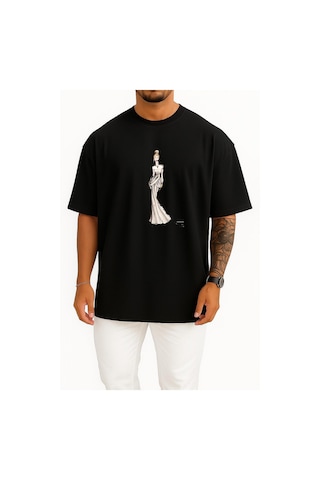 Bahriyeli Collection Oversize Bella Swan Edward Cullen Breaking Dawn Wedding Dress Göğüs Tasarımlı Unisex T-shirt SIYAH
