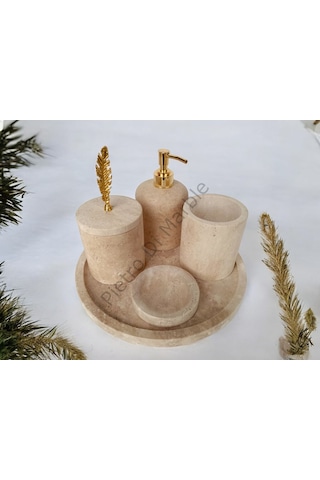 Sarı Traverten Klasik Model 5 Parça Gold Renk Kuş Tüyü Aksesuarlı Banyo Seti Sarı Traverten