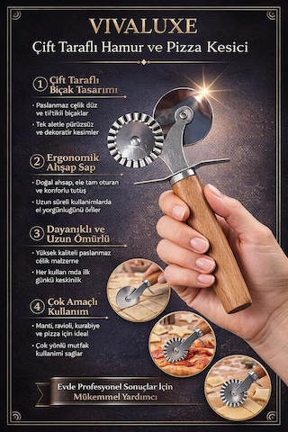 Vıvaluxe Çift Taraflı Paslanmaz Çelik Hamur Ve Pizza Kesici, Tırtıklı Ve Düz Bıçaklı, Ergonomik Ahşap Saplı, Diğer
