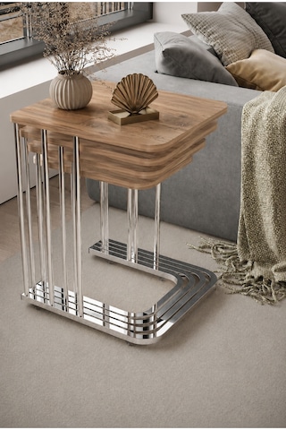 Renlife Zigon Sehpa Takımı 4'lü Metal Tekerlekli Mdf Modern Salon Oturma Odası Sehpası Krom Ceviz