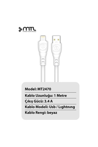 3.4a Usb To Apple Uyumlu iPhone Lightning Extra Yumuşak Dayanıklı Data Ve Şarj Kablosu Mt2470