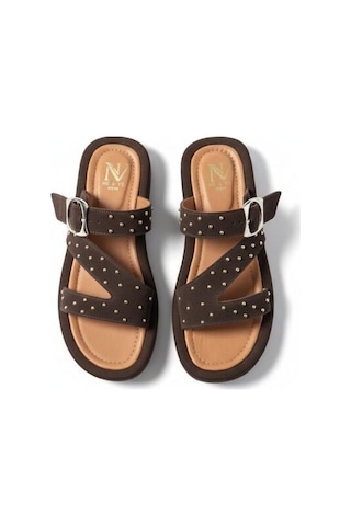 Ne&ve Shoes Kahve Süet Hakiki Deri Pimli Çapraz Bantlı Kadın Kalın Kaplama Tabanlı Sandalet Terlik Kahverengi