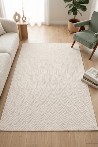 Novax Revan Geometrik Beyaz Kaymaz Taban Yıkanabilir Salon Halısı