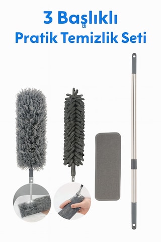 Nobera 3 Başlıklı Uzun Saplı Mikrofiber Temizlik Seti Yüksek Ve Dar Alanlar Için Ideal