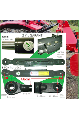 3 Ton - 68cm Traktör Ortakol, Hıdrolik Silider - 19mm Silinder Kafa, 3 Ton - 68cm Toplift Hydraulic Cylinder - 19mm Cylınder Head