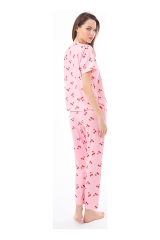 Premium Kadın Pijama Takımı Kiraz Desenli Yumuşak Dokulu Kısa Kollu Bisiklet Yaka Pudra