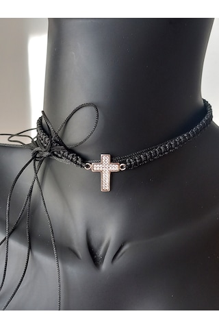 Gümüş Işıltılı Örme Siyah Haç İp Tasarım Kadın Choker Kolye