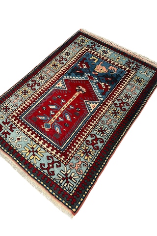 El Dokuma Sıfır Yörük Halısı Seccade 93x135 Turkuaz Yün Namazlık