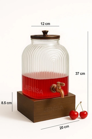 6 Litre Ahşap Standlı Musluklu Cam Şerbetlik Sebil Limonatalık İçecek Dispenseri Şeffaf